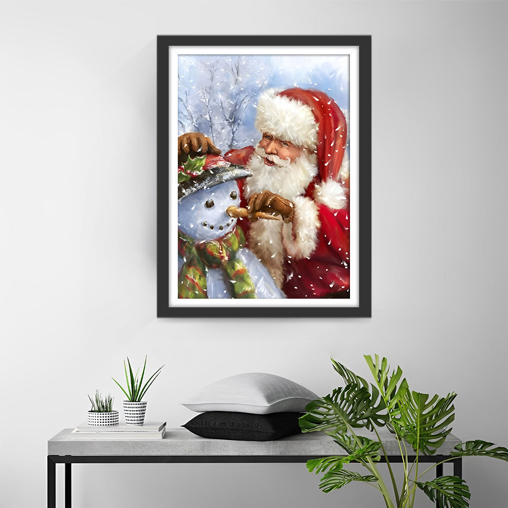 De Kerstman die een Wortelneus op een Sneeuwpop Plaatst Diamond Painting