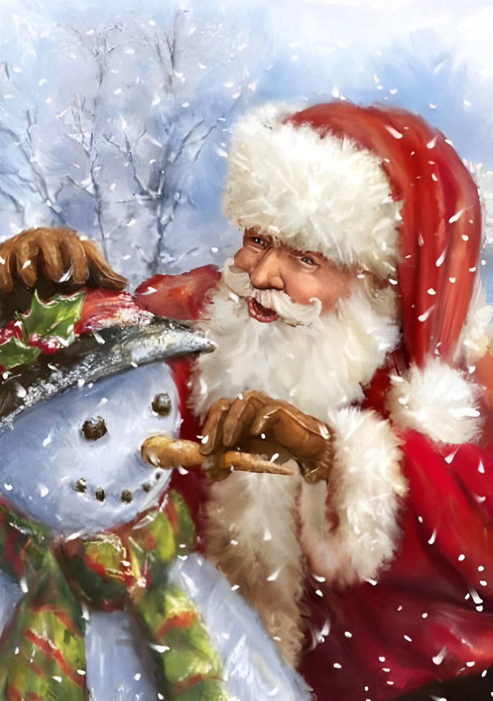 De Kerstman die een Wortelneus op een Sneeuwpop Plaatst Diamond Painting