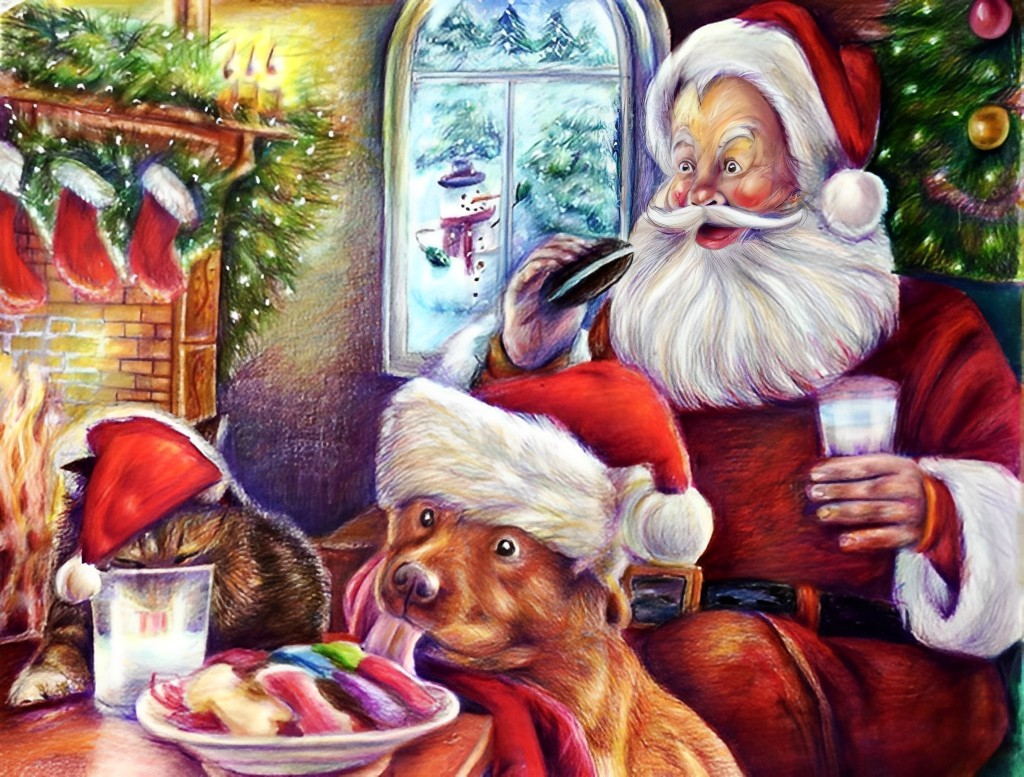 De Kerstman die Eet met Zijn Huisdieren Diamond Painting