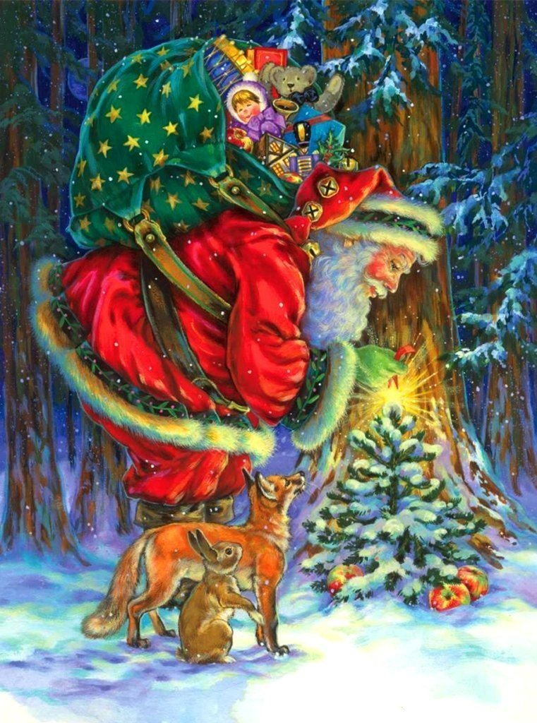 De Kerstman met Cadeauzak in de Nacht Diamond Painting