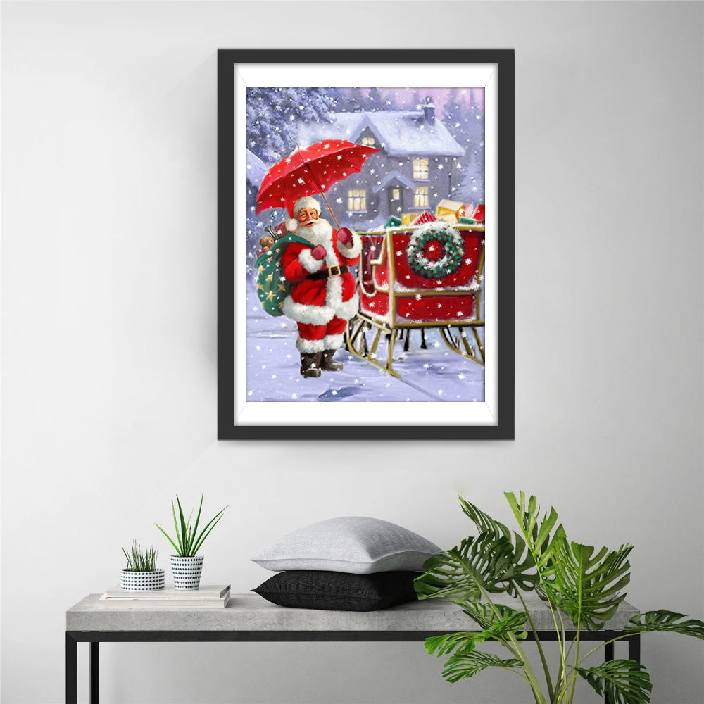 De Kerstman met een Paraplu in de Sneeuw Diamond Painting
