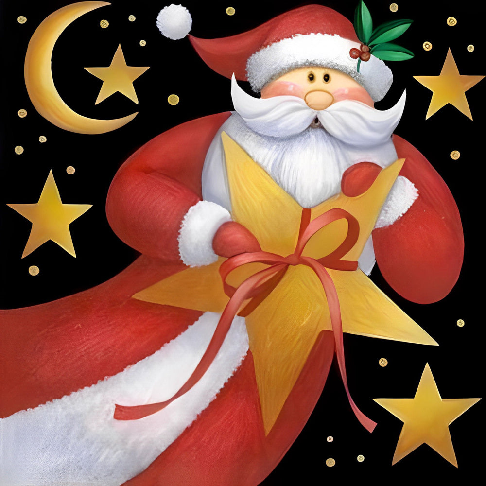 De Kerstman met het Gouden Sterretje in de Nacht Diamond Painting