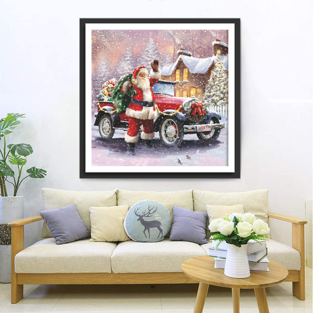 De Kerstman naast een Rode Auto Diamond Painting
