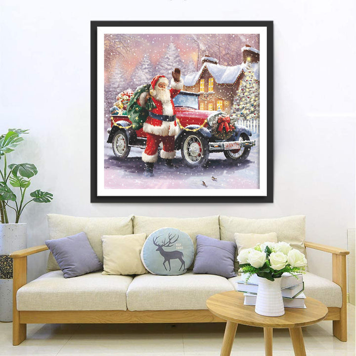De Kerstman naast een Rode Auto Diamond Painting
