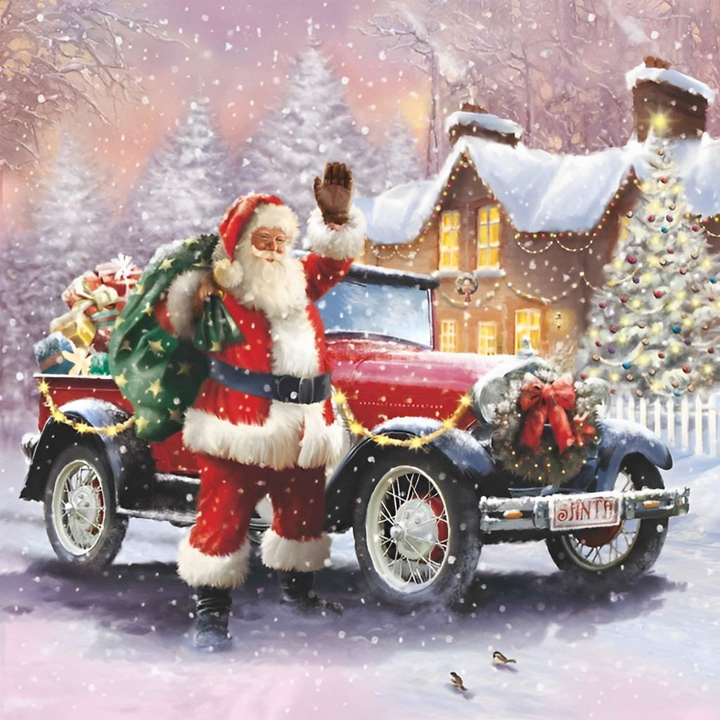 De Kerstman naast een Rode Auto Diamond Painting