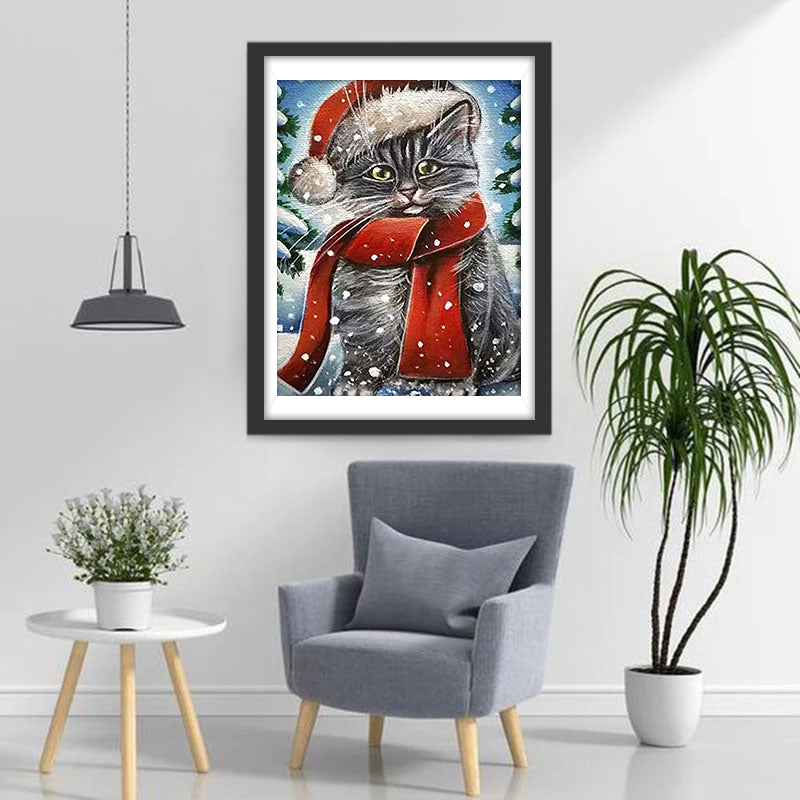 De Kerstmodekat met Rode Sjaal en Hoed Diamond Painting