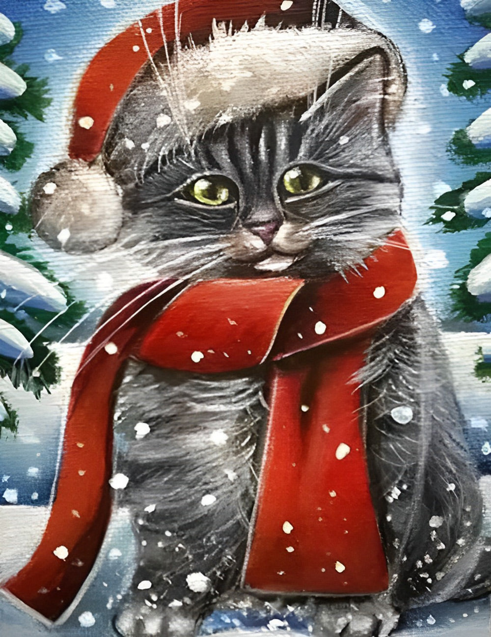 De Kerstmodekat met Rode Sjaal en Hoed Diamond Painting