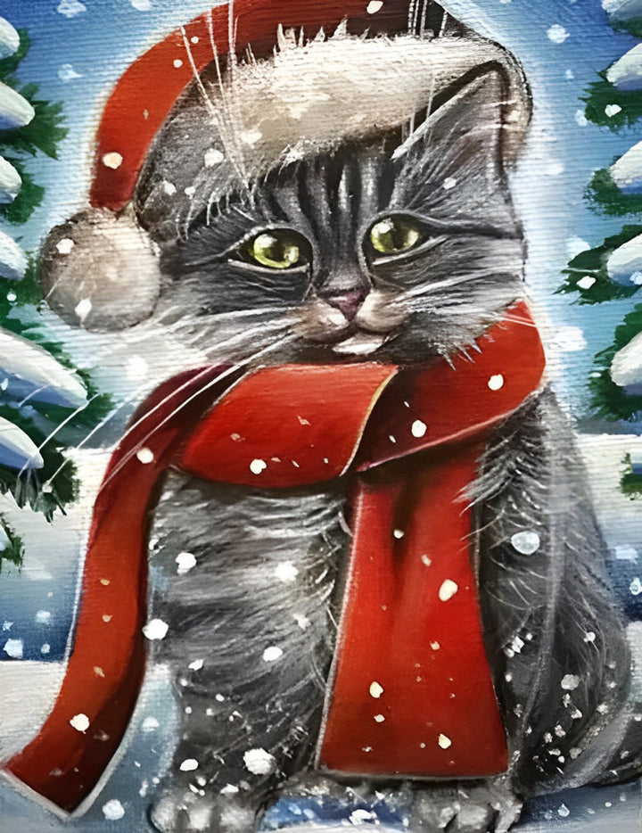 De Kerstmodekat met Rode Sjaal en Hoed Diamond Painting