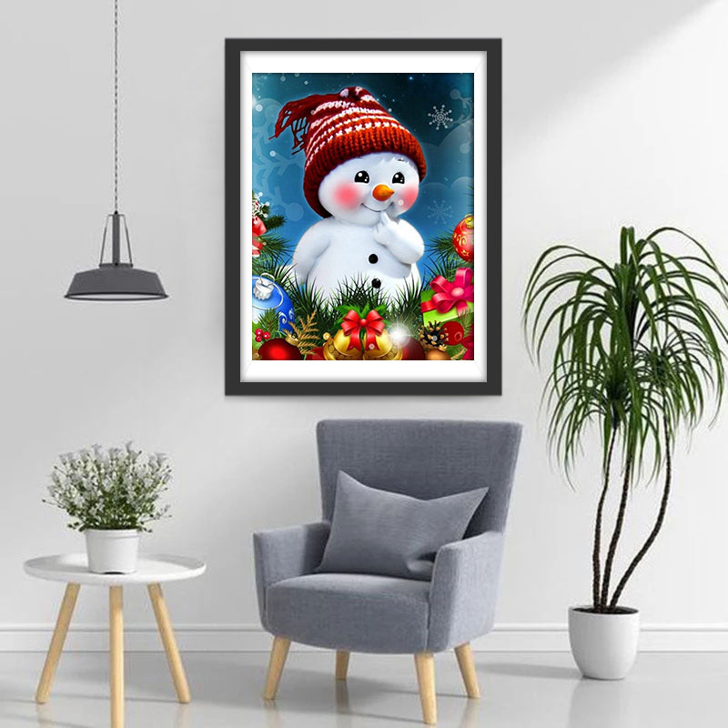 De Kerstversierde Sneeuwman met Rode Muts en Blosjes Diamond Painting