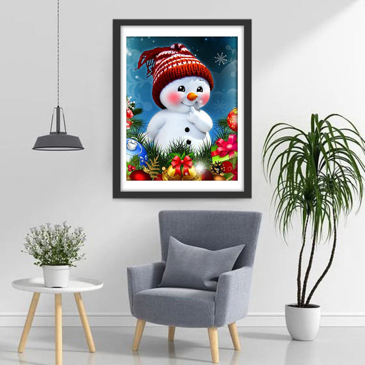 De Kerstversierde Sneeuwman met Rode Muts en Blosjes Diamond Painting