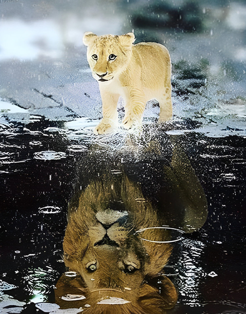 De Kleine Leeuw en de Weerspiegeling van de Grote Leeuw in het Water Diamond Painting