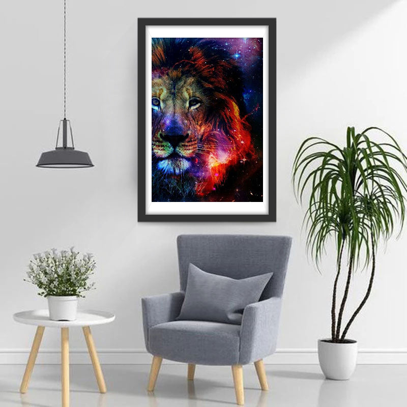 De Kleurrijke Leeuw onder de Sterrenhemel Diamond Painting