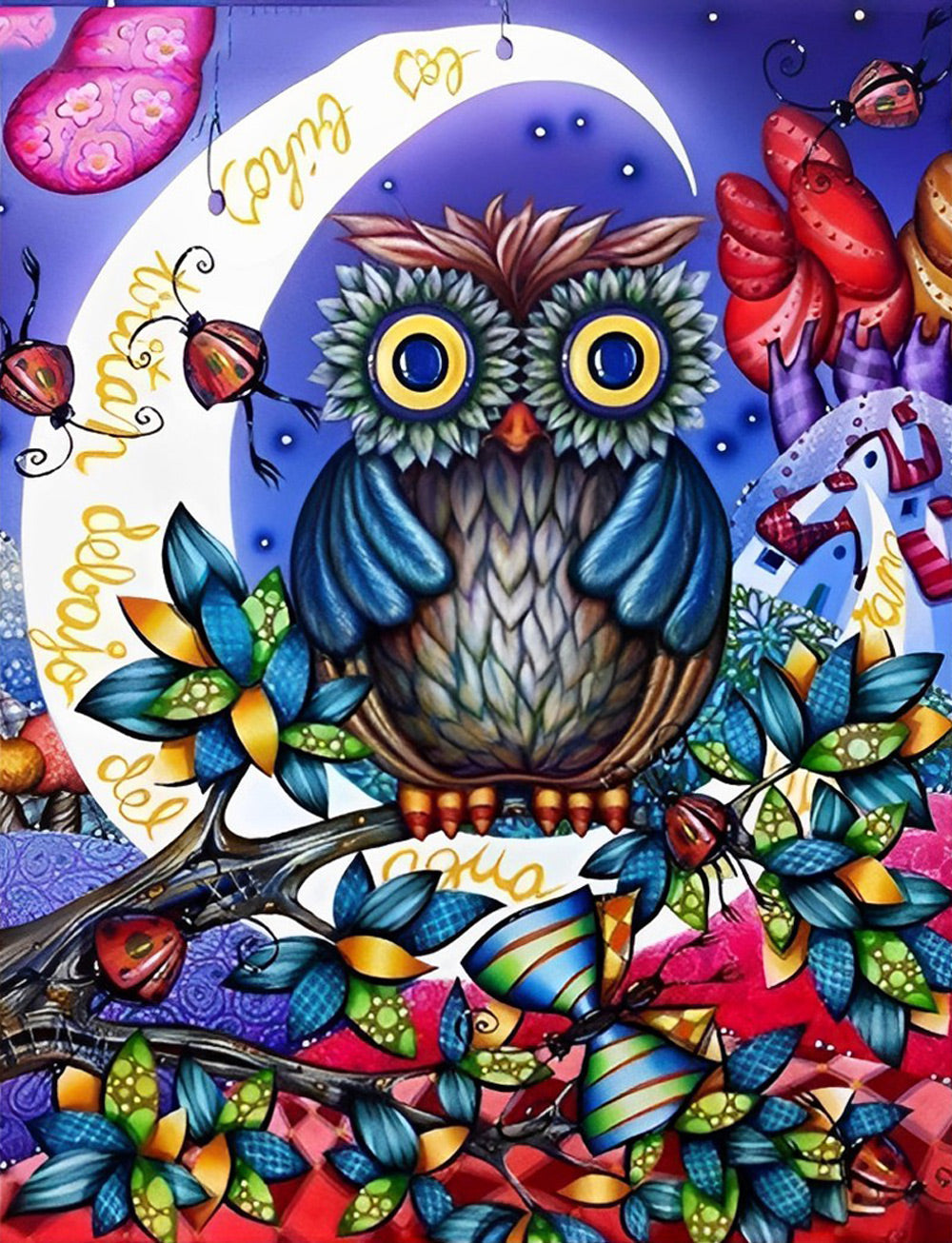 De Kleurrijke Wereld van de Uil onder de Maan Diamond Painting