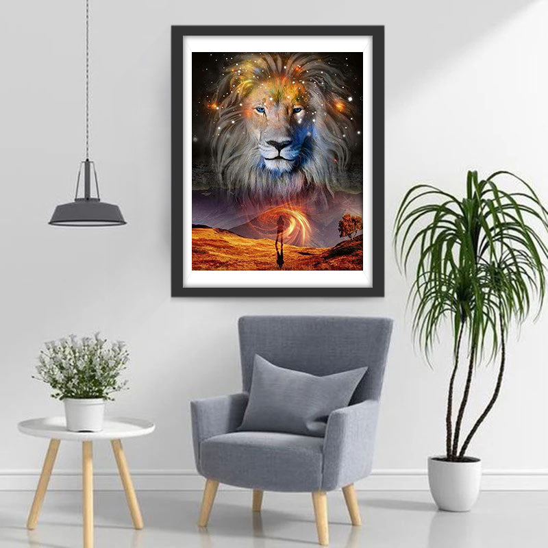 De Leeuw aan de Nachtelijke Hemel en de Man op de Rand van de Klif Diamond Painting