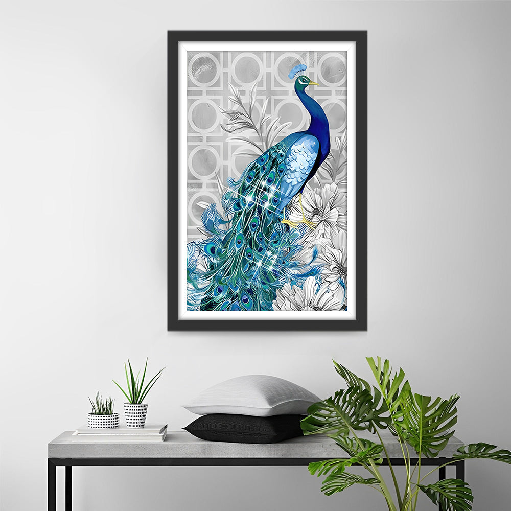 De Majestueuze Pauw op de Witte Bloemen Diamond Painting