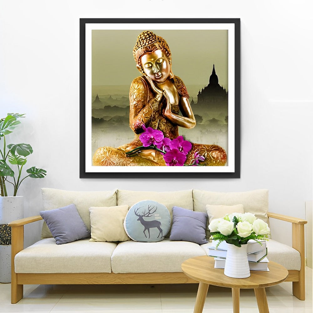 De Meditatieve Boeddha met Orchideeën Diamond Painting