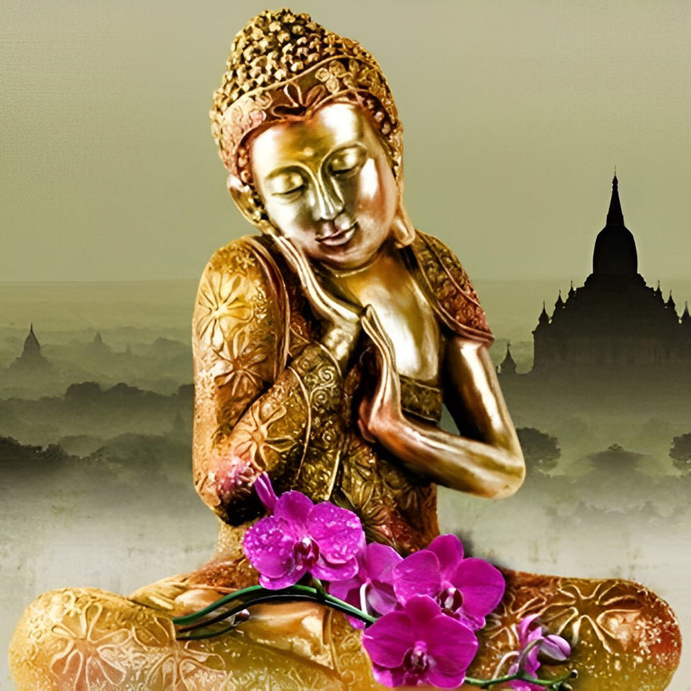 De Meditatieve Boeddha met Orchideeën Diamond Painting