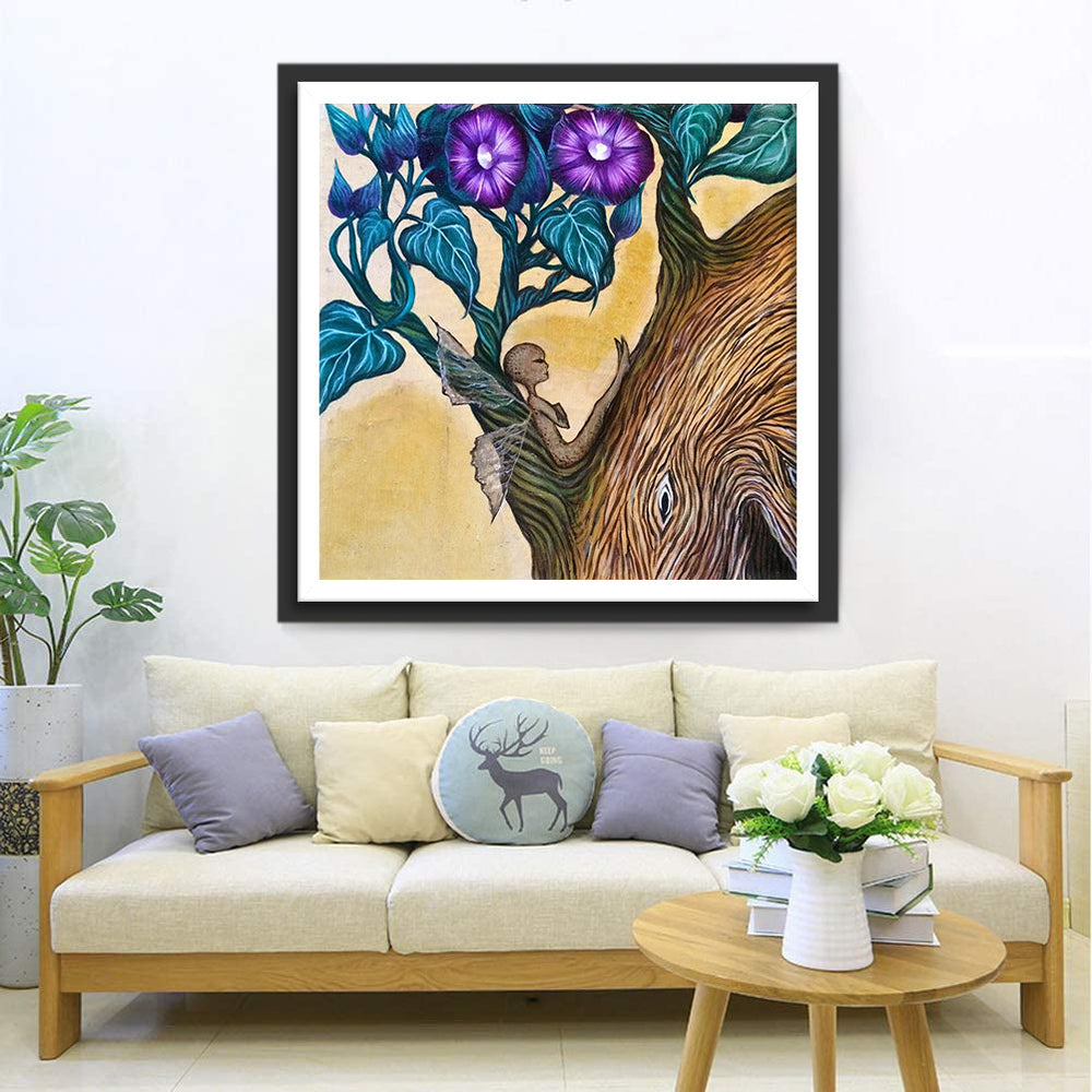 De Paarse Bloemen aan de Boom en een Kleine Elf Diamond Painting