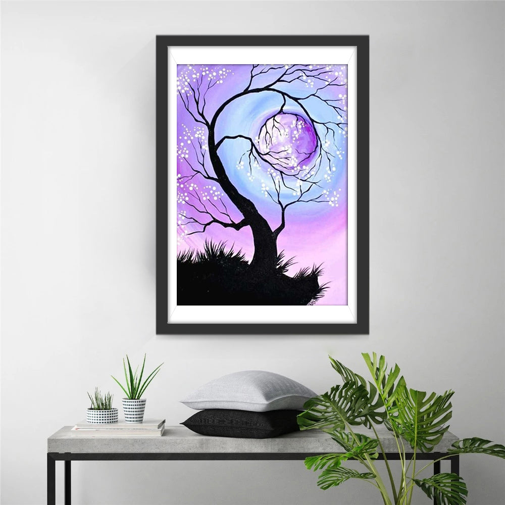 De Paarse Maan en de Boom met Witte Bloesems Diamond Painting