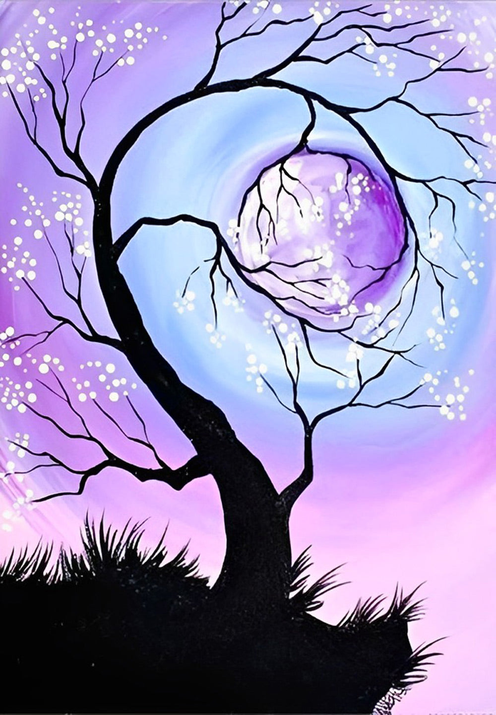 De Paarse Maan en de Boom met Witte Bloesems Diamond Painting