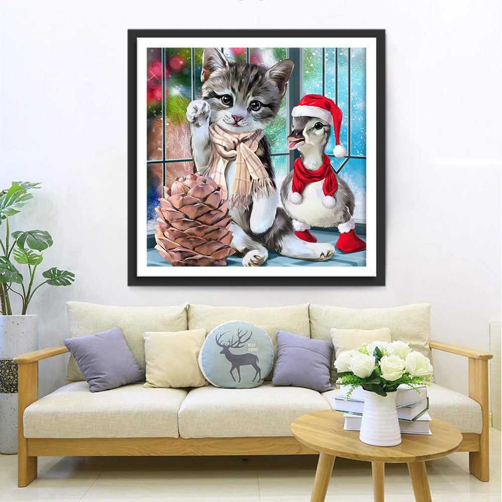 De Schattige Kat en Eend in Kerststijl Diamond Painting