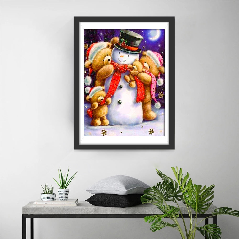 De Sneeuwman omringd door Lieve Teddyberen Diamond Painting