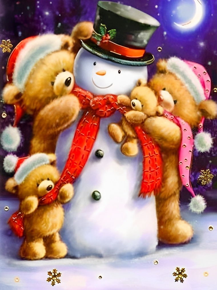 De Sneeuwman omringd door Lieve Teddyberen Diamond Painting