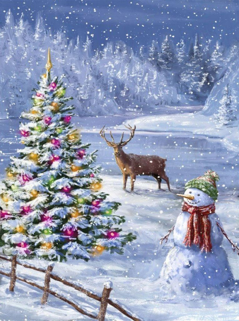 De Sneeuwpop, het Rendier en de Kerstboom in de Witte Wereld Diamond Painting