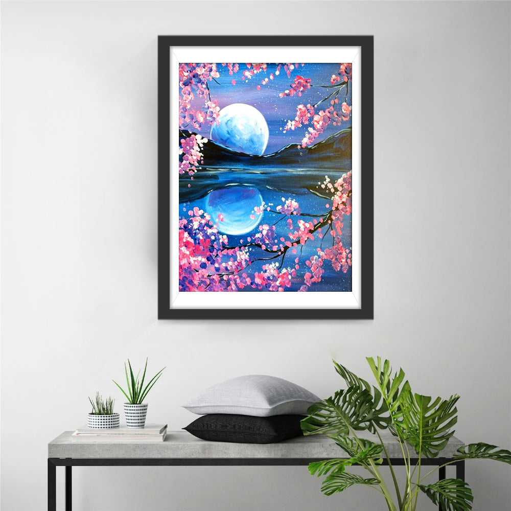 De Spiegeling van de Maan in Het Water met Kersenbloesems Diamond Painting