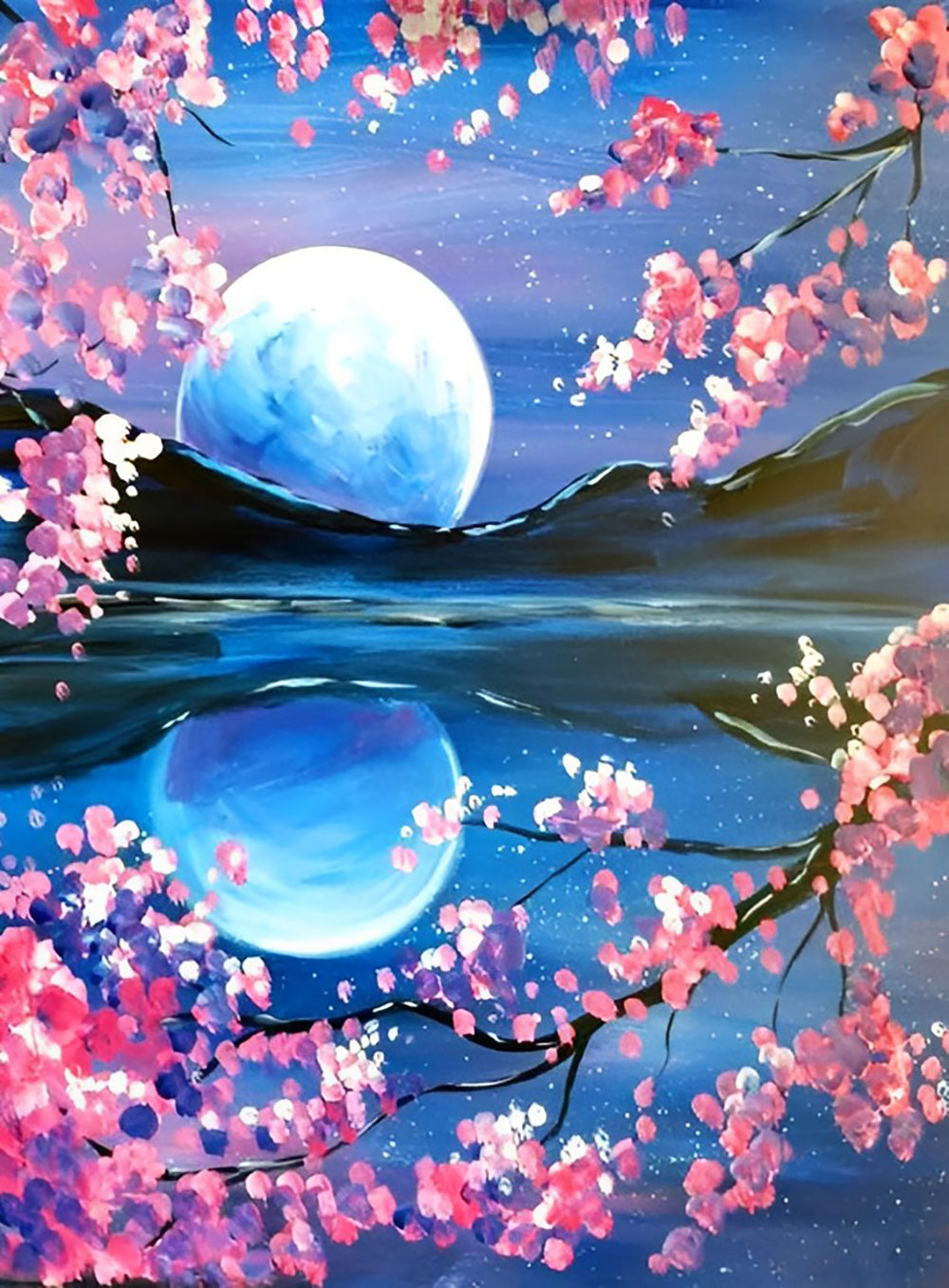 De Spiegeling van de Maan in Het Water met Kersenbloesems Diamond Painting