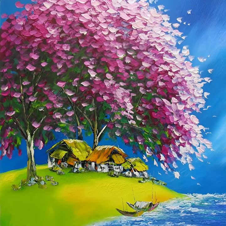 De Strandhutten onder de Bloeiende Boom Diamond Painting