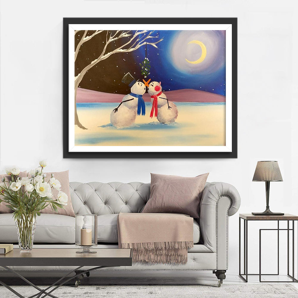 De Tedere Kus van de Sneeuwpoppen in de Winternacht Diamond Painting