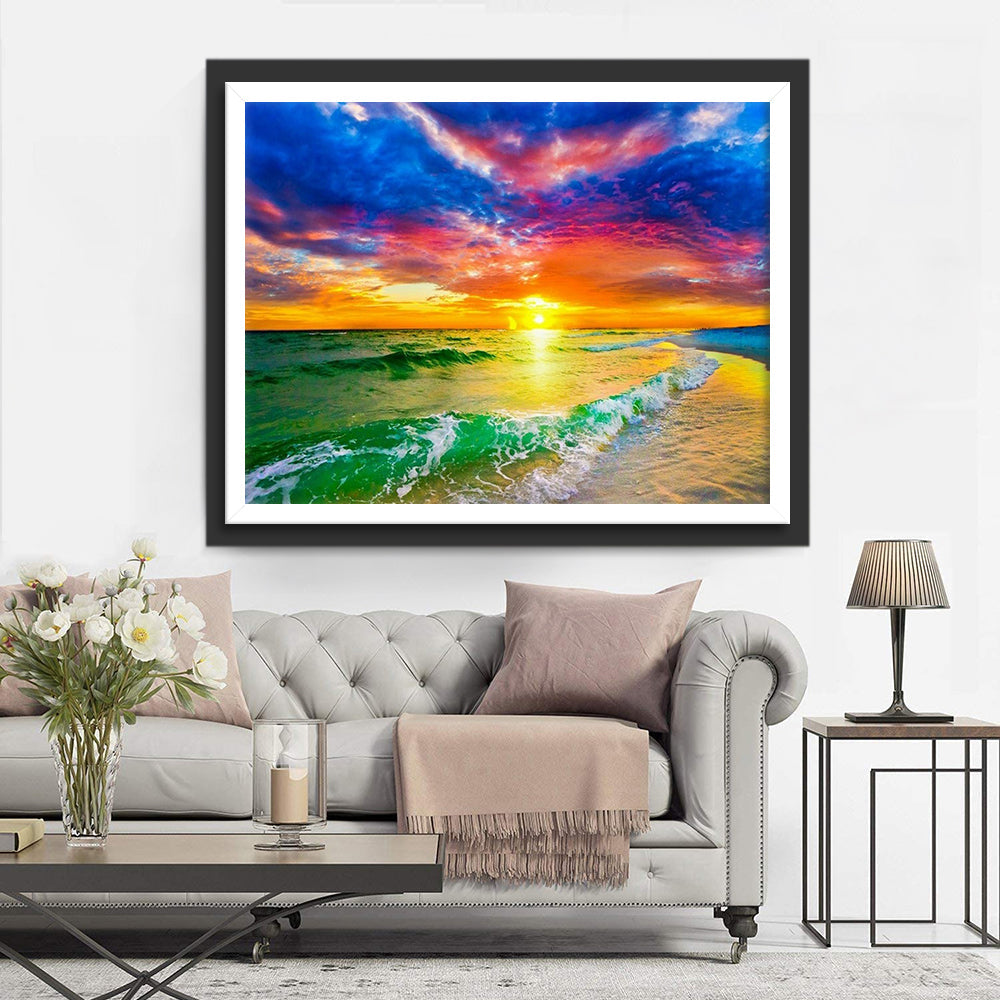 De Verstilde Pracht van Zonsondergang aan de Golfende Zee Diamond Painting