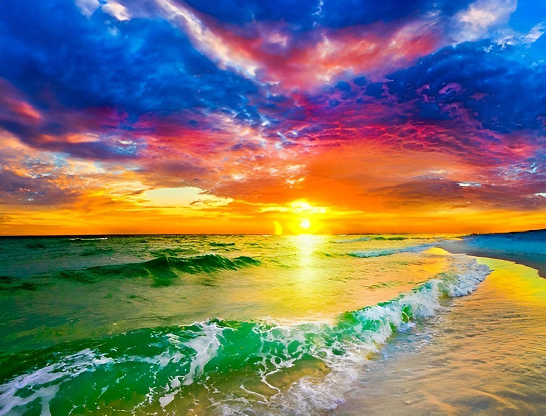 De Verstilde Pracht van Zonsondergang aan de Golfende Zee Diamond Painting