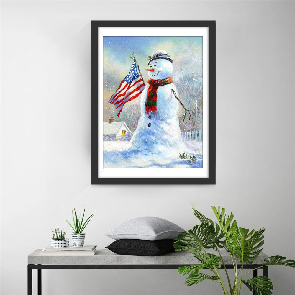 De Vlagdragende Sneeuwman in Winterse Sfeer Diamond Painting