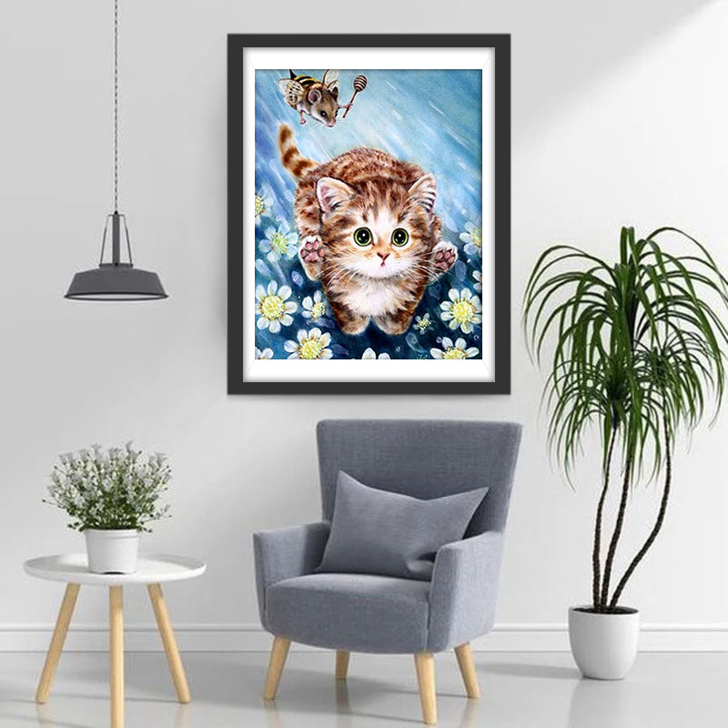 De Vliegende Muis en de Opgewonden Kat in de Bloemenstruik Diamond Painting