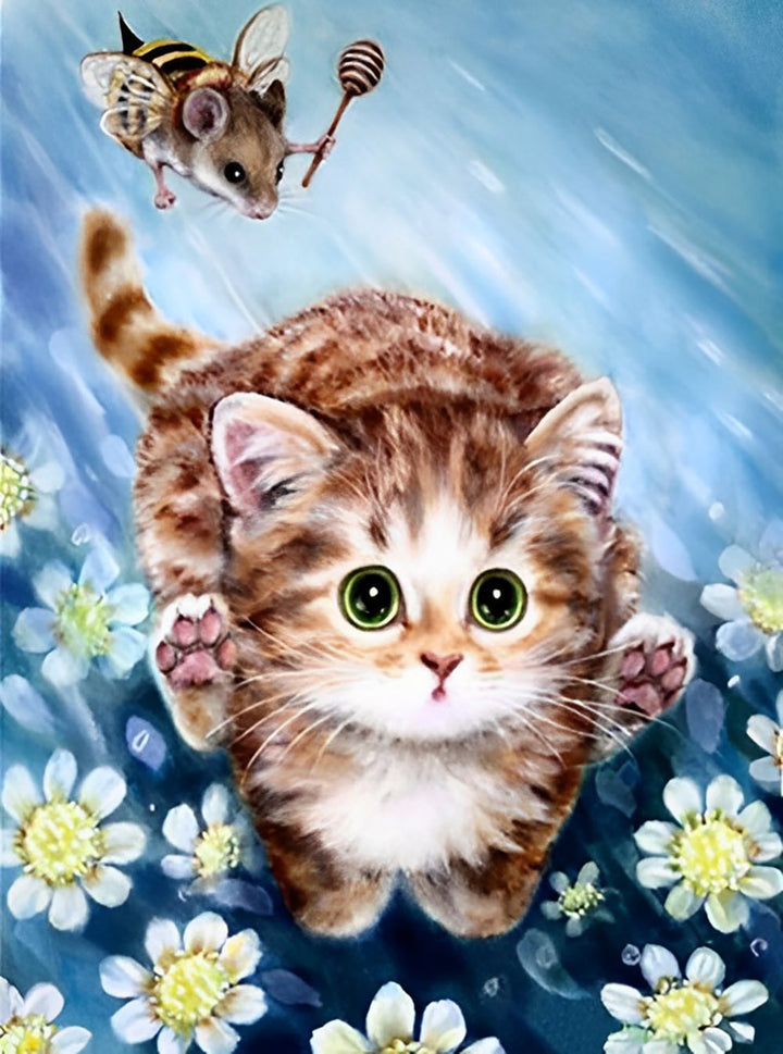 De Vliegende Muis en de Opgewonden Kat in de Bloemenstruik Diamond Painting