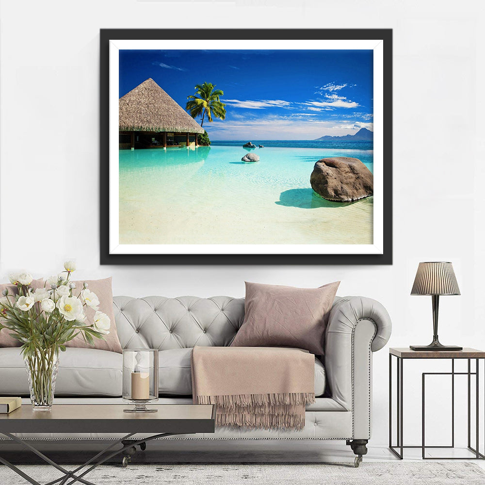 De Vredige Pracht van Tropisch Strand met Rietendakverblijf Diamond Painting