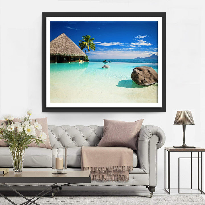 De Vredige Pracht van Tropisch Strand met Rietendakverblijf Diamond Painting