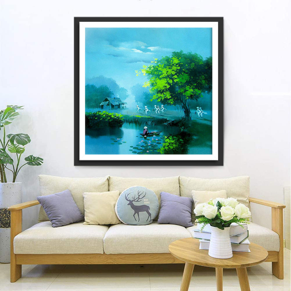 De Vrouw die onder de Boom vaart en de Groep Fietsers Diamond Painting