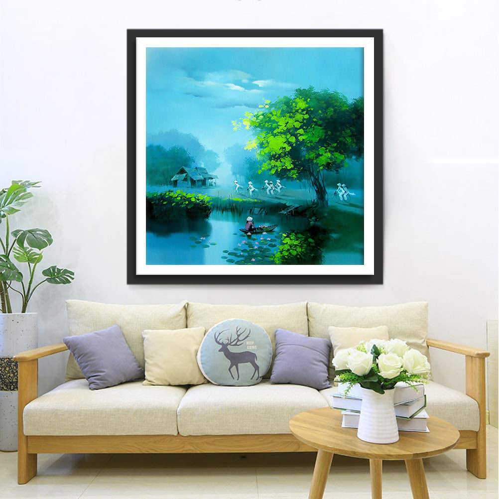 De Vrouw die onder de Boom vaart en de Groep Fietsers Diamond Painting