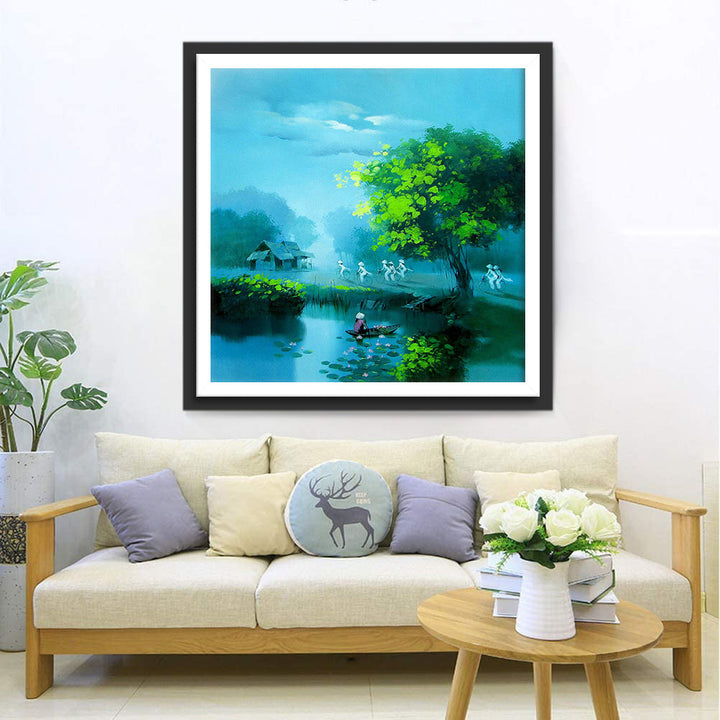 De Vrouw die onder de Boom vaart en de Groep Fietsers Diamond Painting