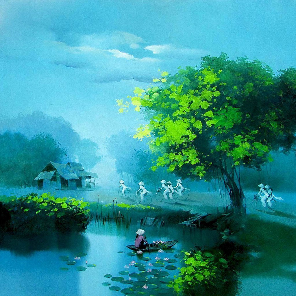 De Vrouw die onder de Boom vaart en de Groep Fietsers Diamond Painting