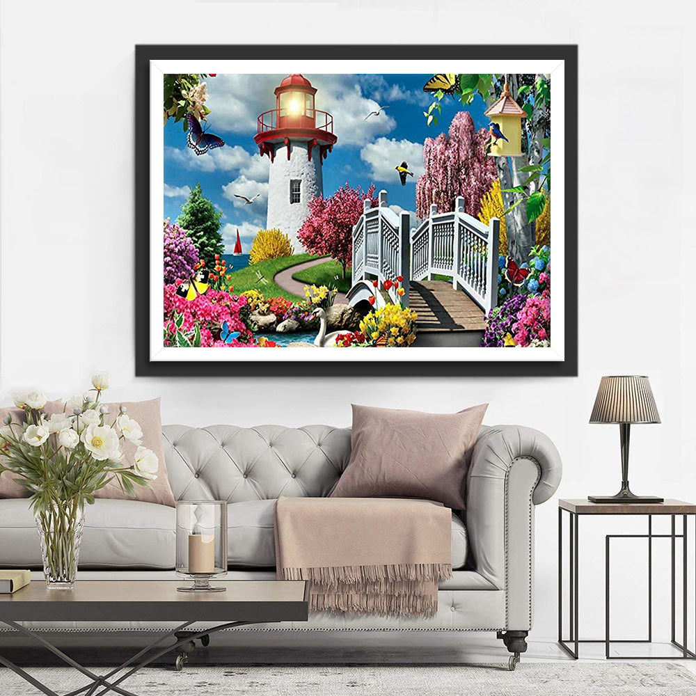 De Vuurtoren met Tuin, Brug en Vogels Diamond Painting