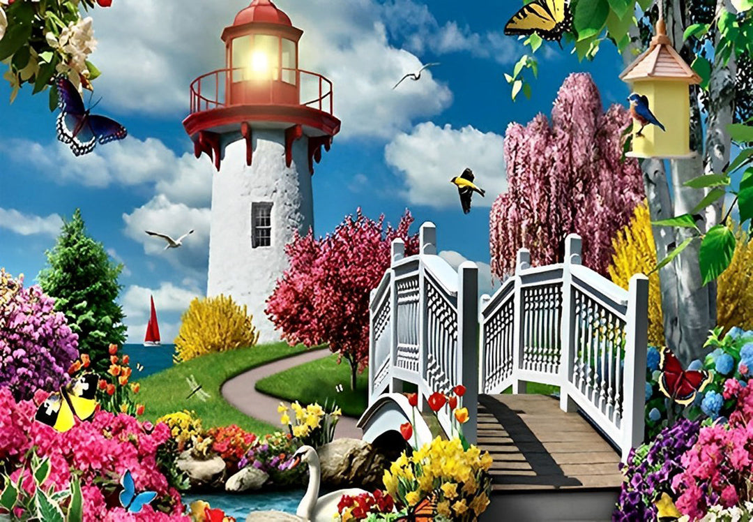 De Vuurtoren met Tuin, Brug en Vogels Diamond Painting