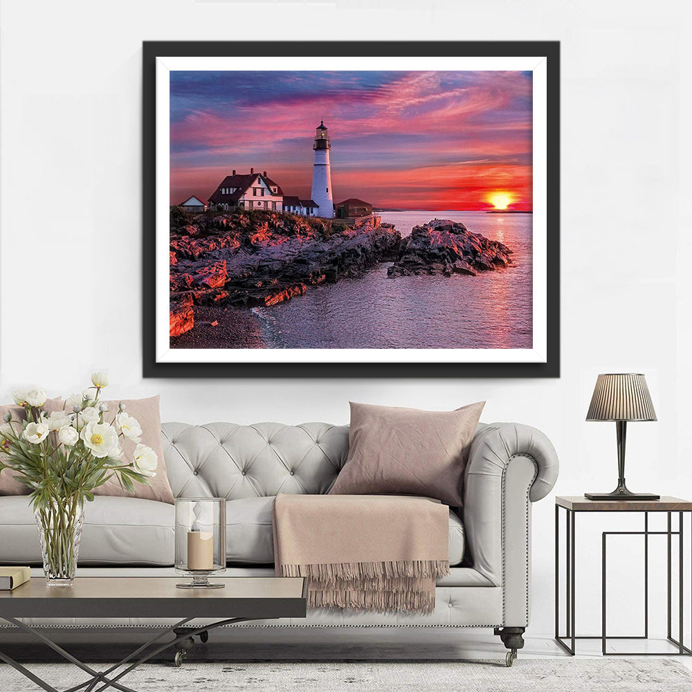 De Vuurtoren tegen de Roze Hemel Diamond Painting