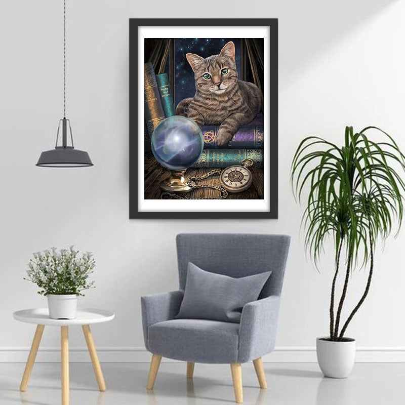 De Wereldbol en de Kat die op het Boek Ernaast liggen Diamond Painting