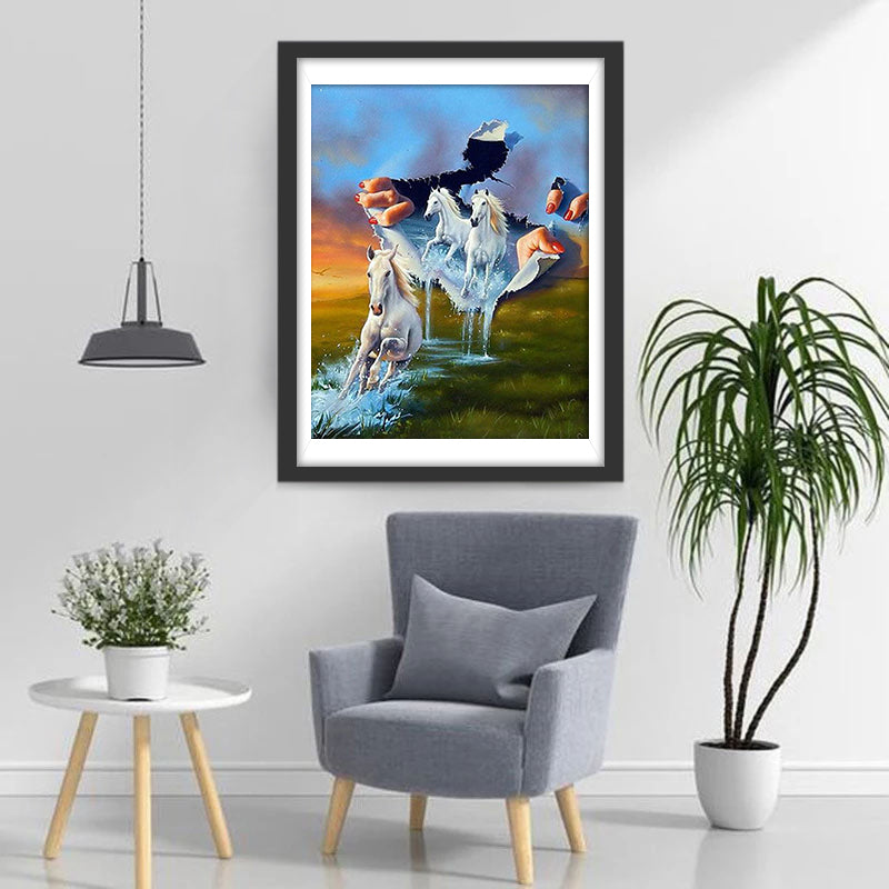 De Witte Paarden in de Rol Diamond Painting