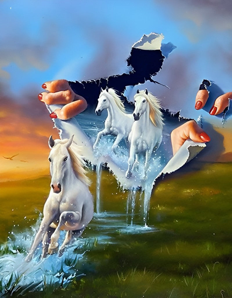 De Witte Paarden in de Rol Diamond Painting