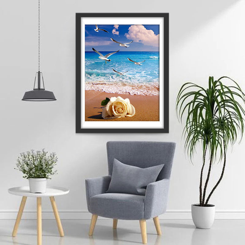 De Witte Roos aan Zee met Vliegende Vogels Diamond Painting